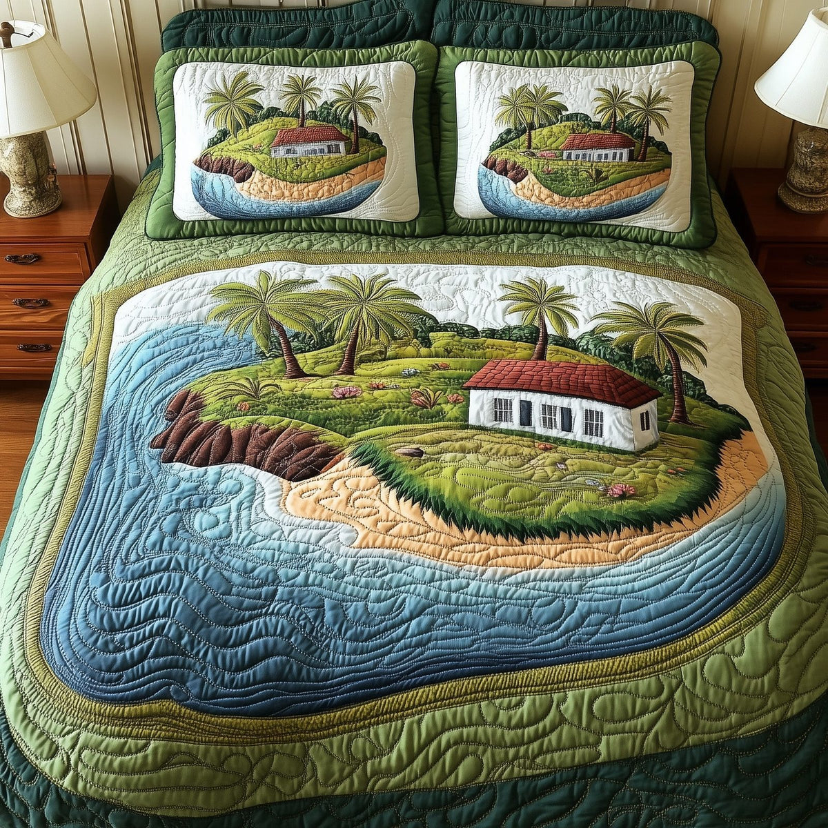 Island Serenity quilted 3-piece bedding set on a made bed in a light coastal bedroom