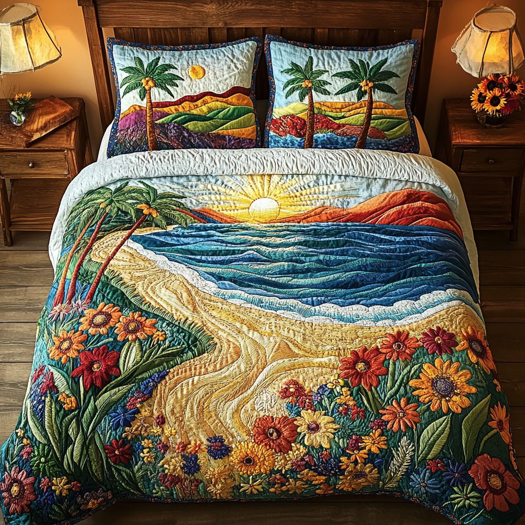 Island Shore quilted 3-piece bedding set on a made bed in a light coastal bedroom