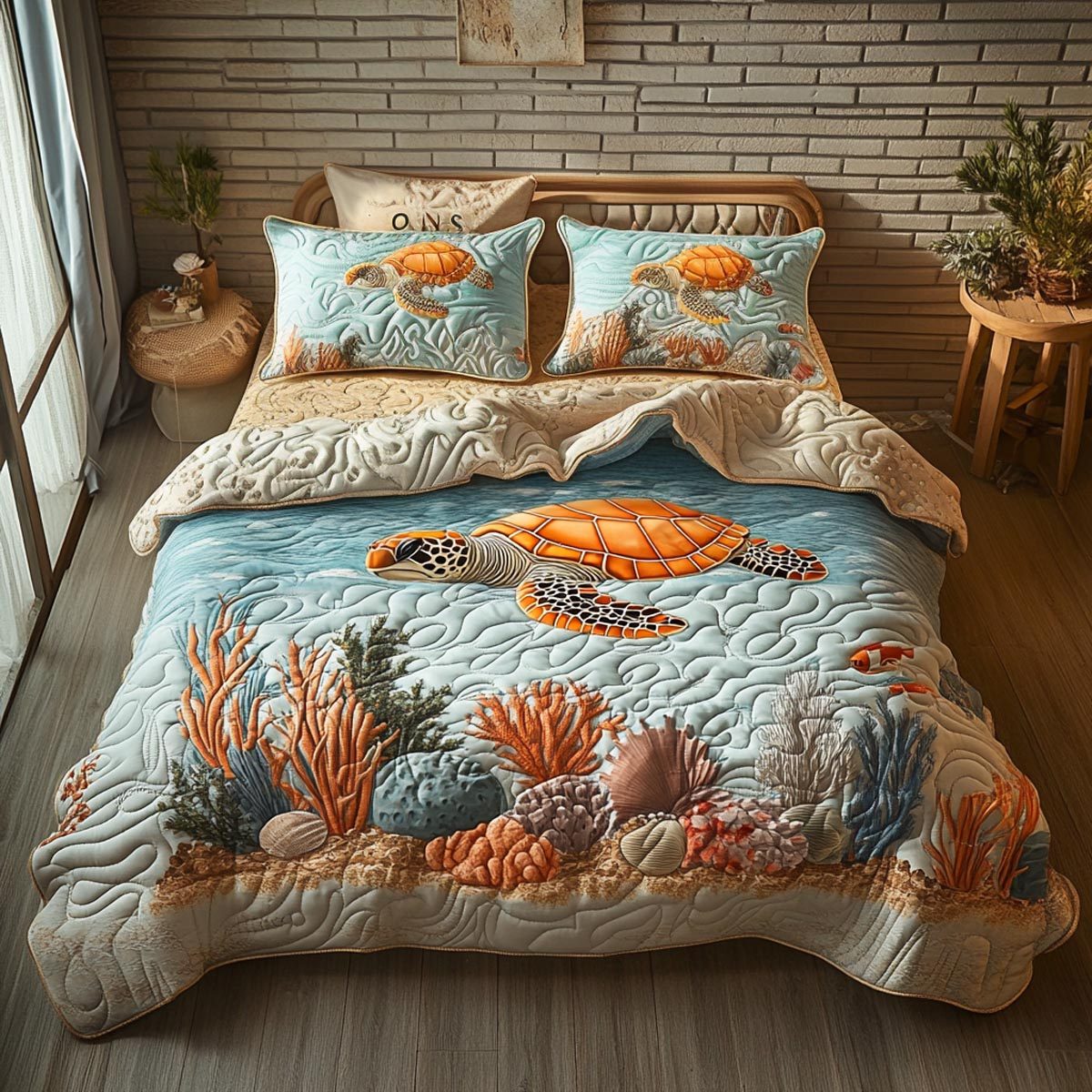 Island Turtle quilted 3-piece bedding set on a made bed in a light coastal bedroom