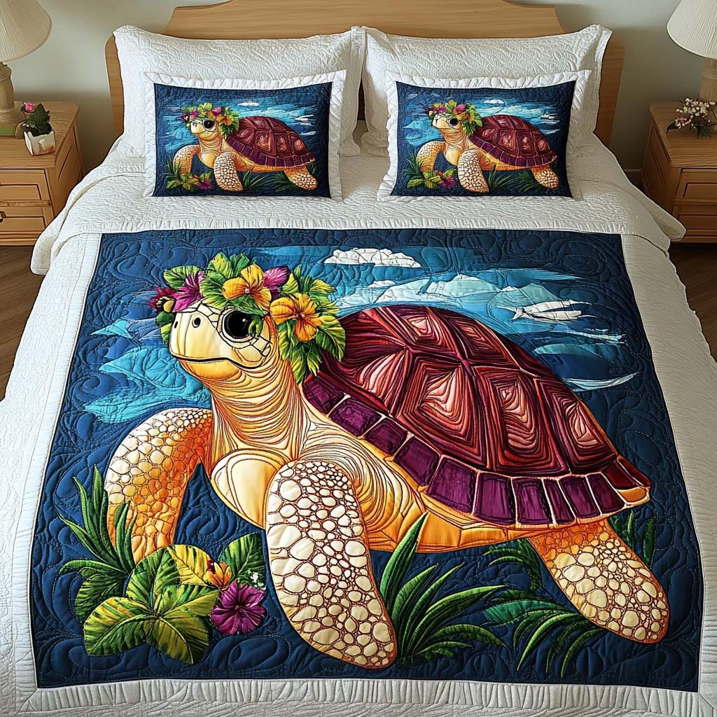 Island Wanderer quilted 3-piece bedding set on a made bed in a light coastal bedroom