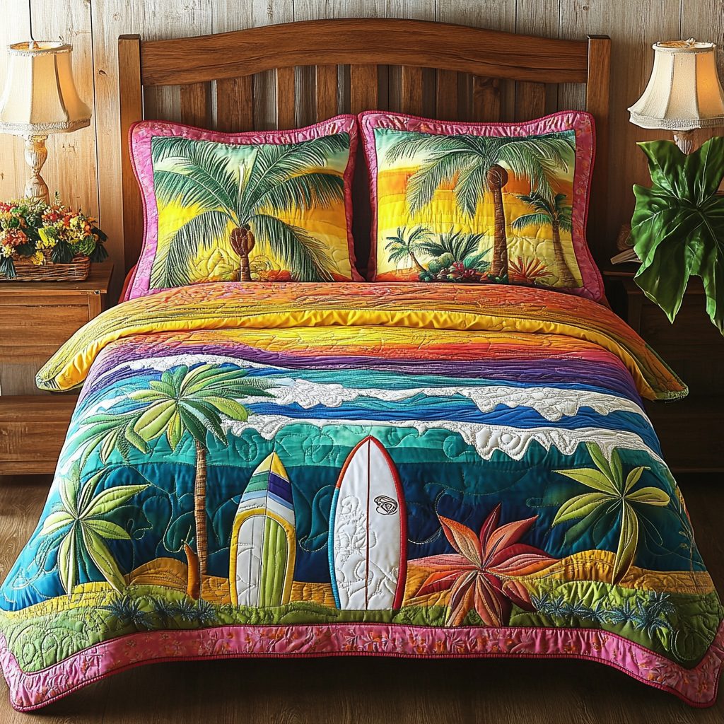 Island Waves quilted 3-piece bedding set on a made bed in a light coastal bedroom