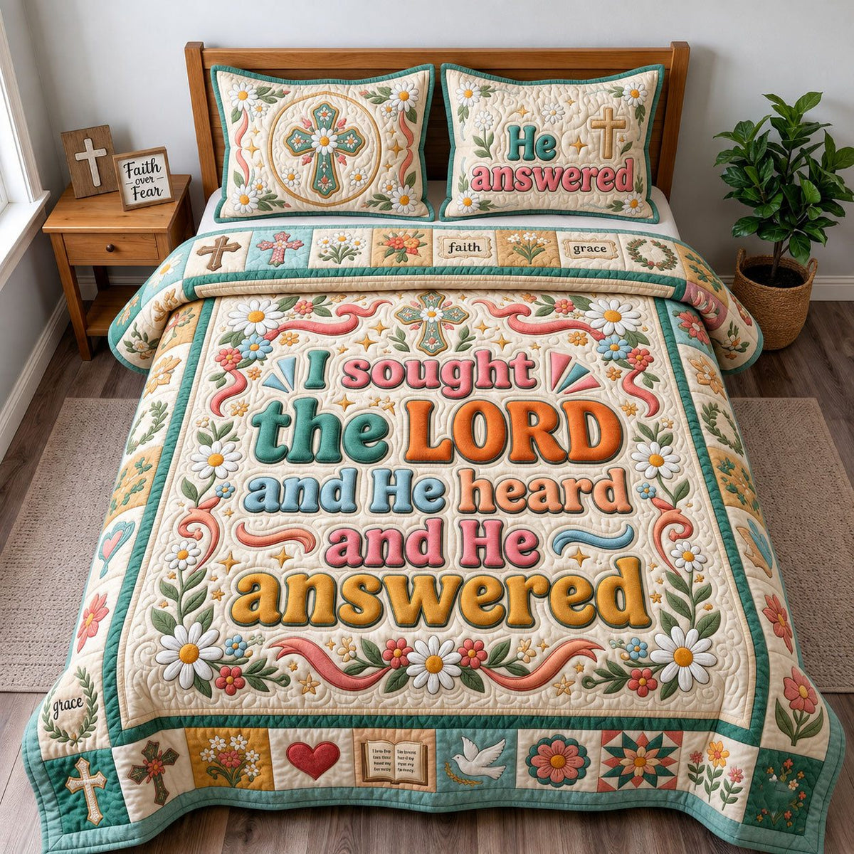 Isought the Lord quilted 3-piece bedding set on a made bed in a softly lit bedroom