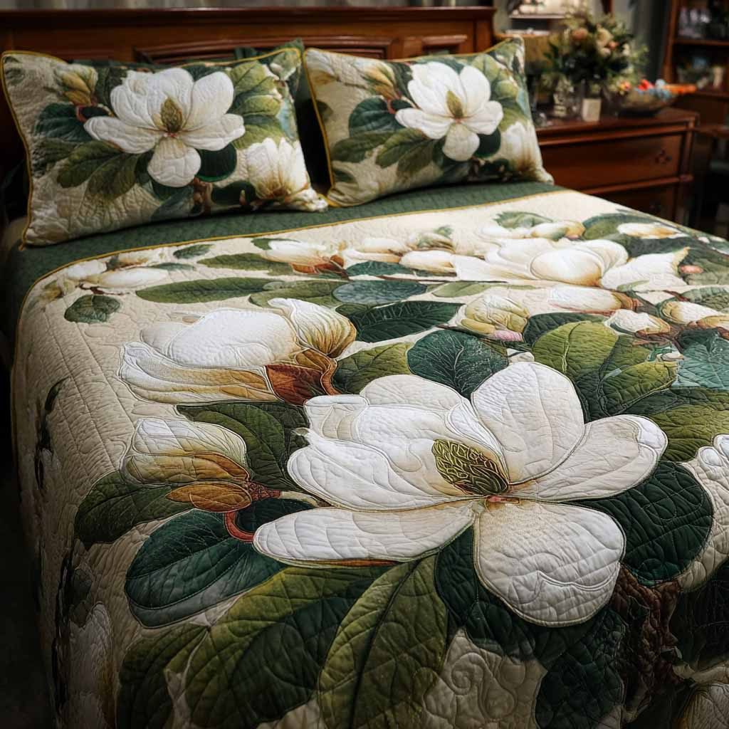 Ivory Blossom quilted 3-piece bedding set on a made bed with two matching pillow shams