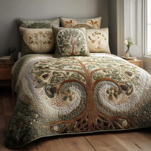 Ivory Grove quilted 3-piece bedding set on a made bed with two matching pillow shams