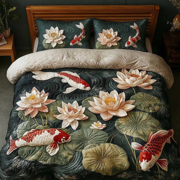 Ivory Lotus quilted 3-piece bedding set on a made bed with two matching pillow shams