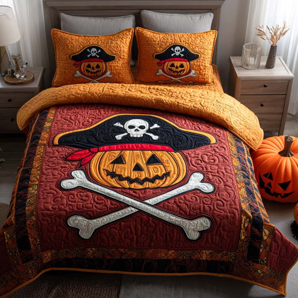Jack O Captain quilted 3-piece bedding set on a made bed with two matching pillow shams