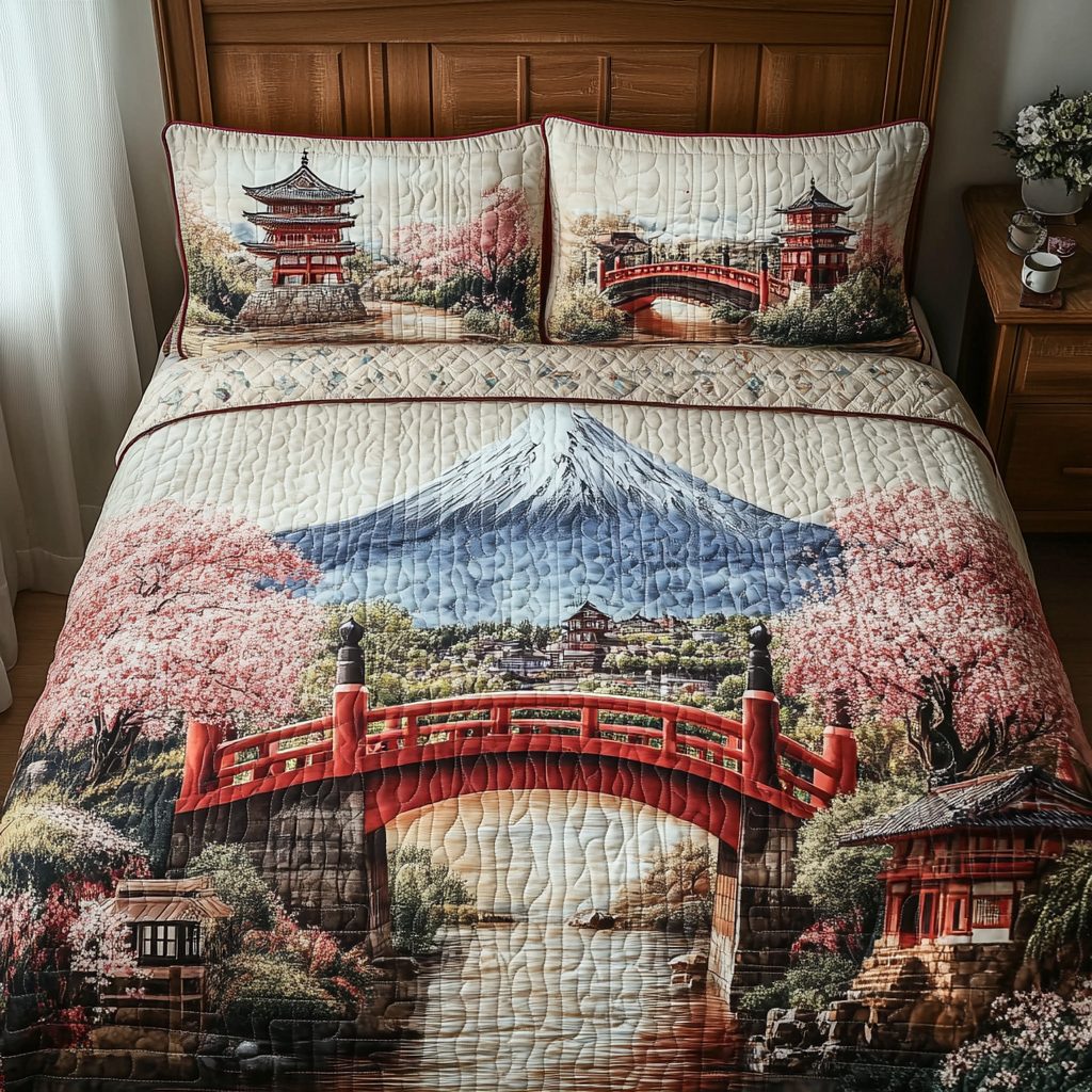 Japan Heritage Bridge quilted 3-piece bedding set on a made bed in a farmhouse bedroom