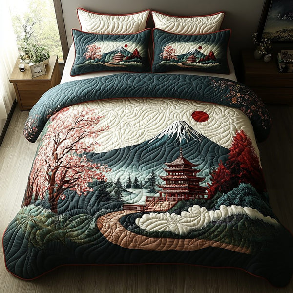 Japanese Ancient Pagoda quilted 3-piece bedding set on a made bed with two matching pillow shams
