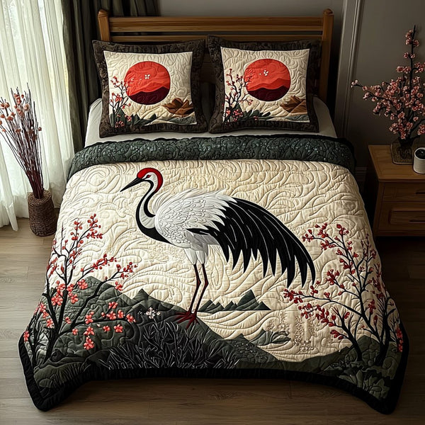 Japanese Crane Vintage Charm quilted 3-piece bedding set on a made bed in a farmhouse bedroom