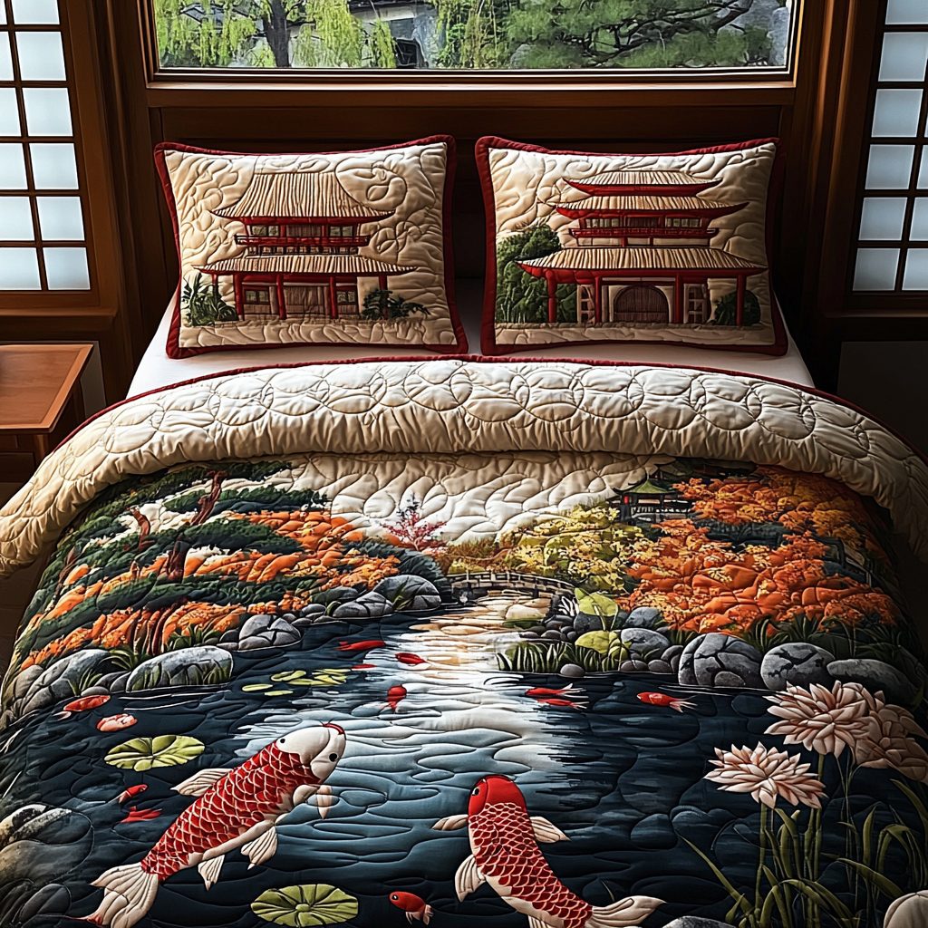 Japanese Koi Garden quilted 3-piece bedding set on a made bed with two matching pillow shams