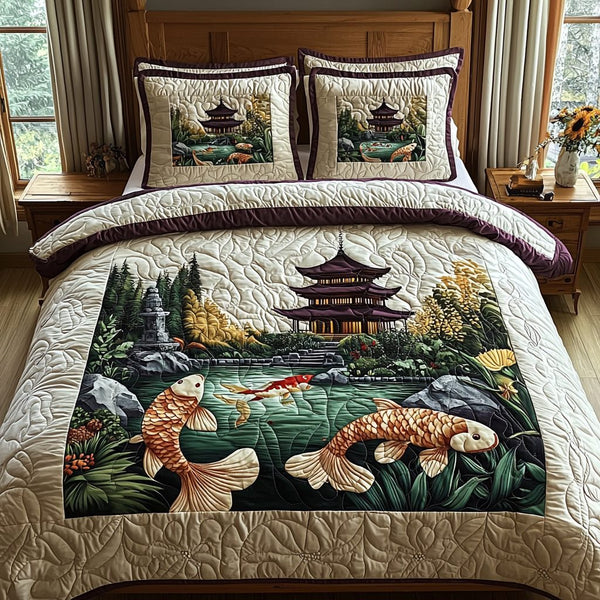 Japanese Koi Heritage Charm quilted 3-piece bedding set on a made bed in a farmhouse bedroom