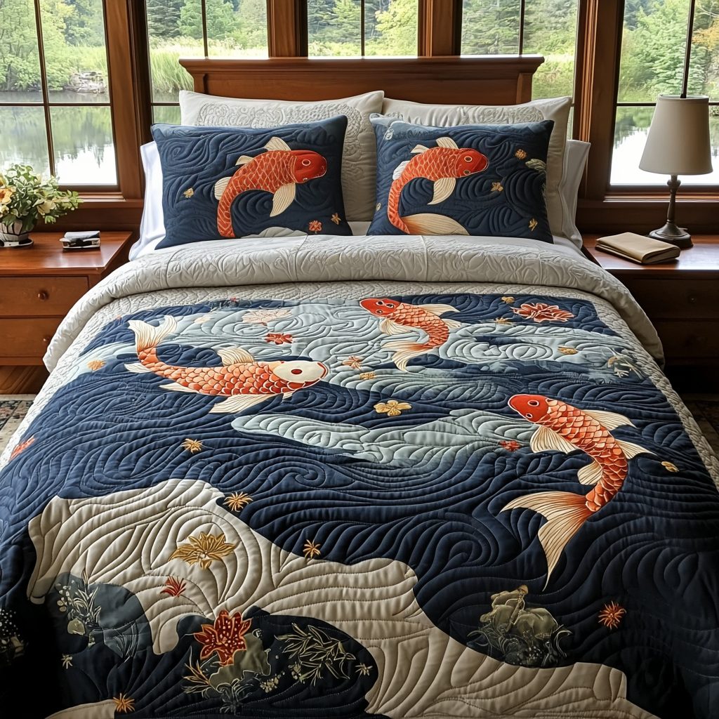 Japanese Koi Pond quilted 3-piece bedding set on a made bed with two matching pillow shams