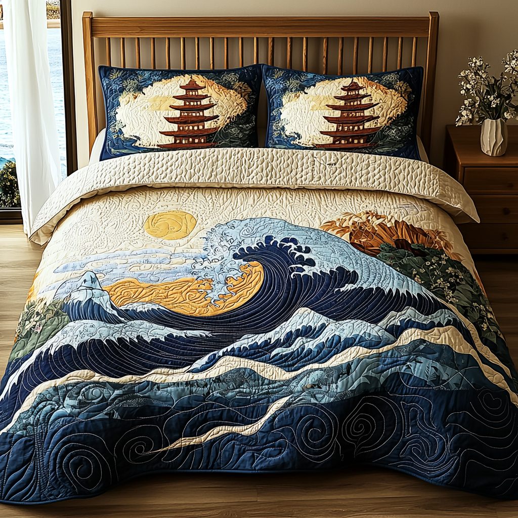 Japanese Pagoda Artistic Wave quilted 3-piece bedding set on a made bed in a light coastal bedroom