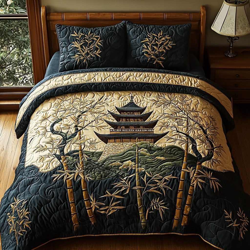 Japanese Pagoda Golden Path quilted 3-piece bedding set on a made bed with two matching pillow shams