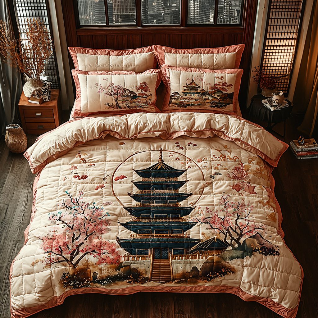 Japanese Pagoda Moonlit Cherry Blossom quilted 3-piece bedding set on a made bed with two matching pillow shams