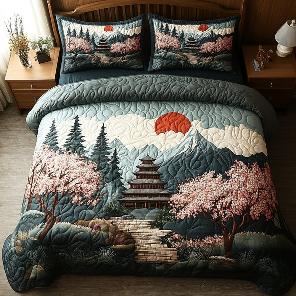 Japanese Pagoda quilted 3-piece bedding set on a made bed with two matching pillow shams