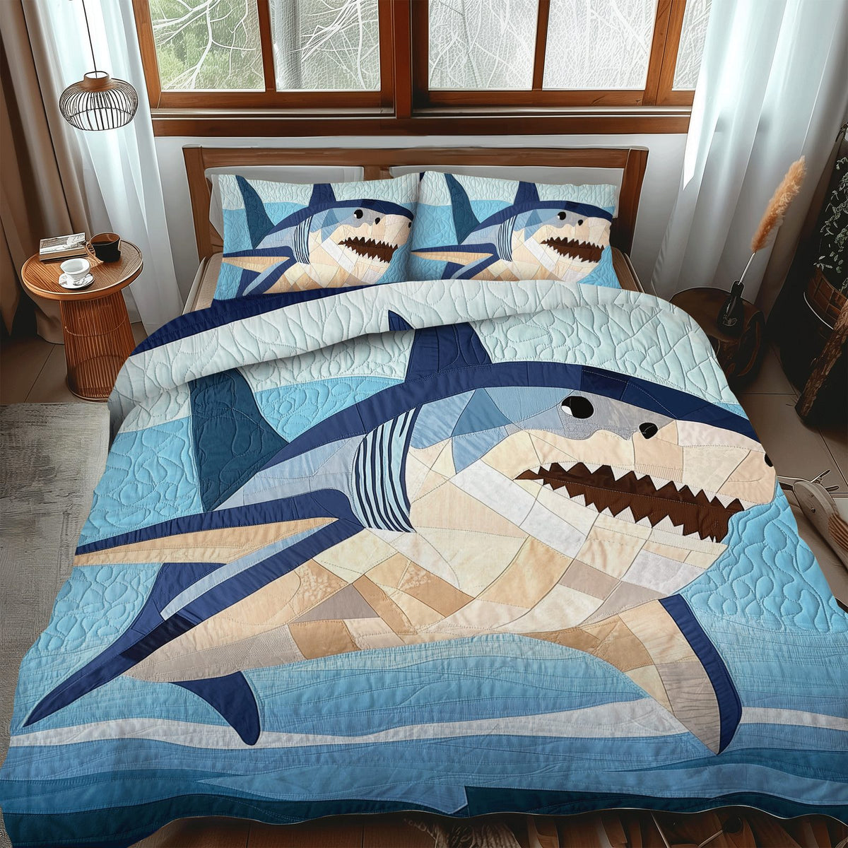 Jaw quilted 3-piece bedding set on a made bed with two matching pillow shams