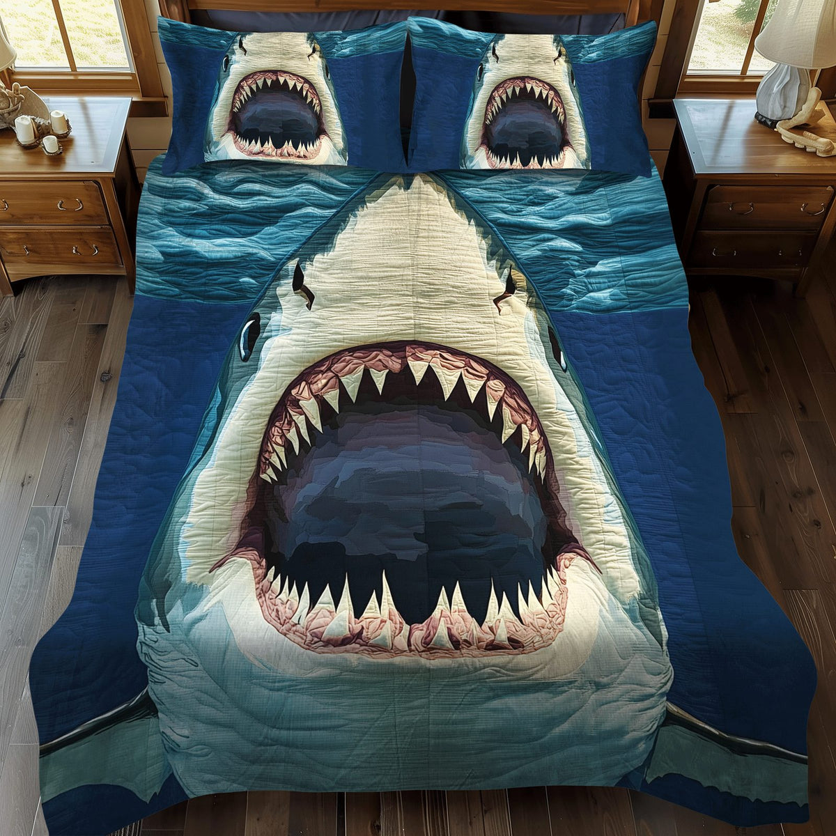 Jaws quilted 3-piece bedding set on a made bed with two matching pillow shams