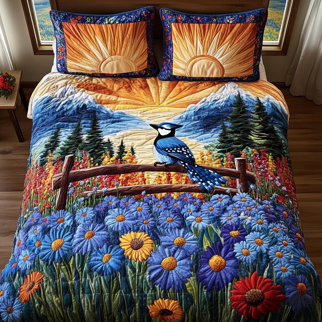 Jays Flight quilted 3-piece bedding set on a made bed with two matching pillow shams