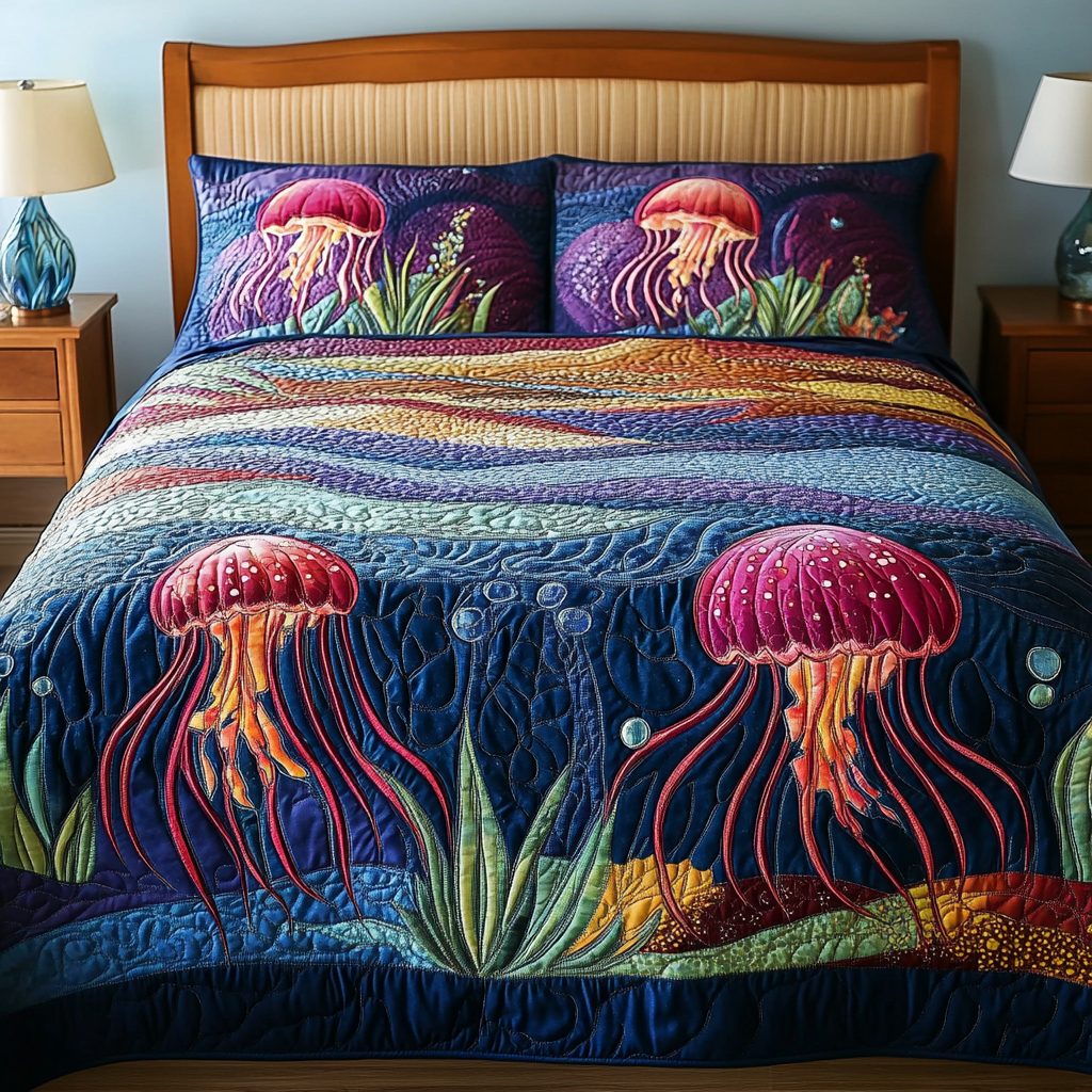 Jelly Art quilted 3-piece bedding set on a made bed with two matching pillow shams
