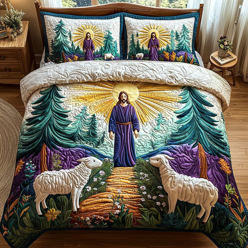 Jesus Among Forest quilted 3-piece bedding set on a made bed in a softly lit bedroom