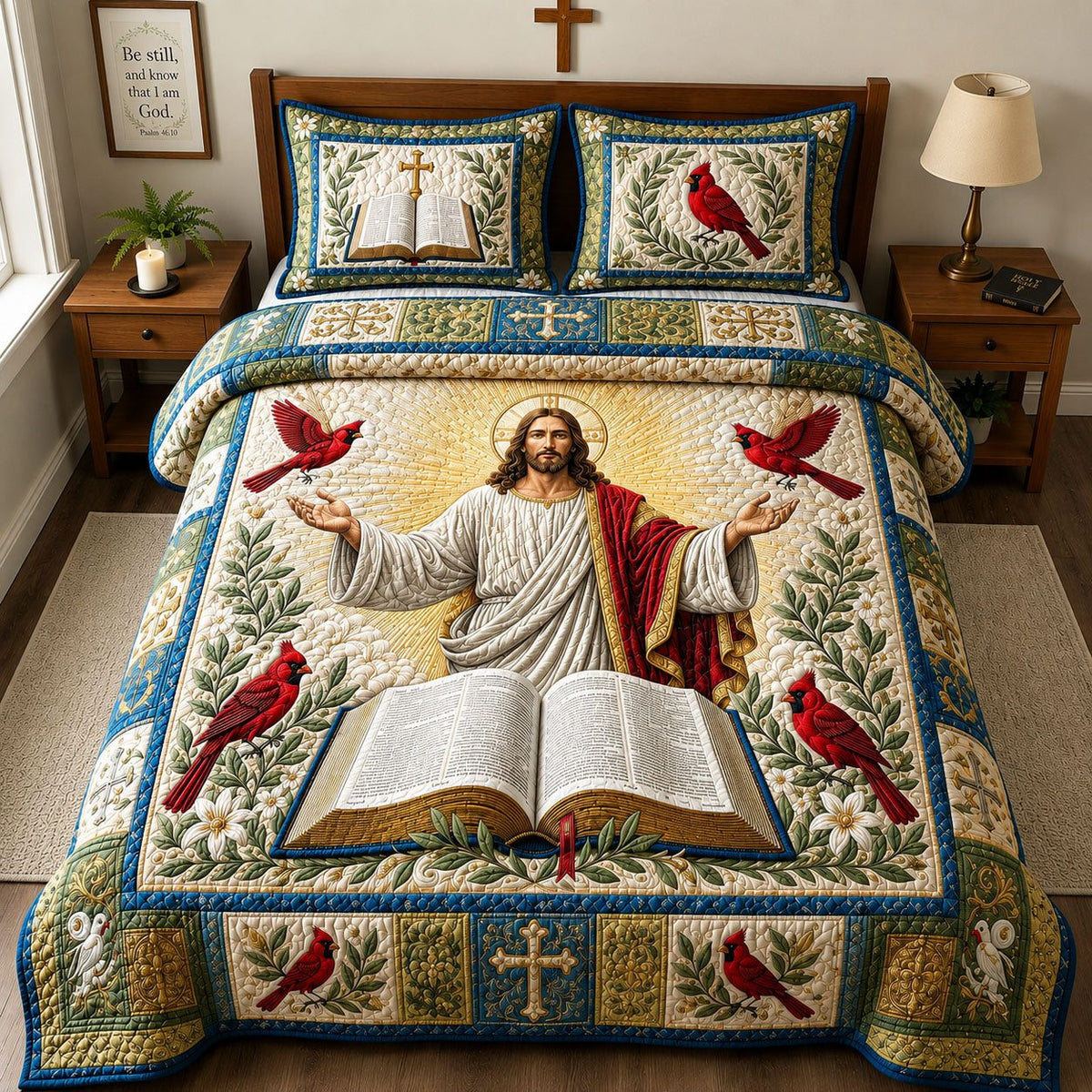 Jesus Bible Cardinal Faith quilted 3-piece bedding set on a made bed in a softly lit bedroom
