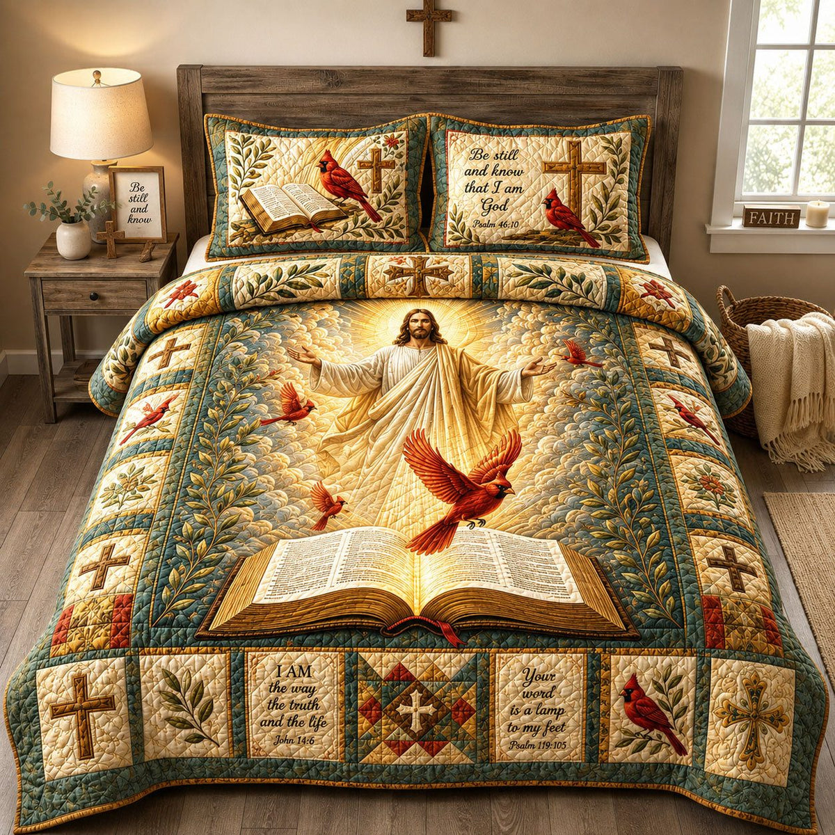 Jesus Bible Cardinal quilted 3-piece bedding set on a made bed in a softly lit bedroom