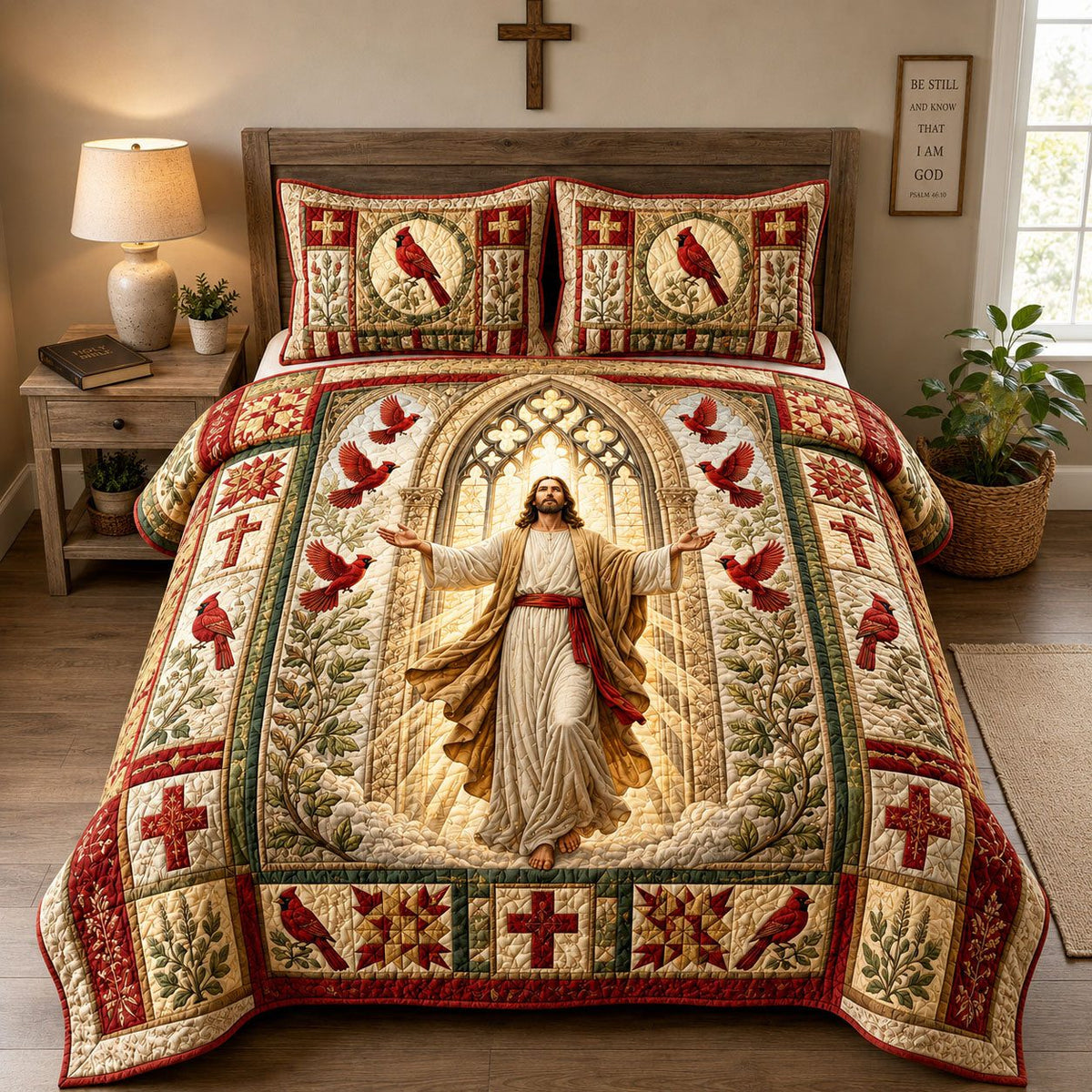 Jesus Cardinal Cathedral quilted 3-piece bedding set on a made bed in a softly lit bedroom