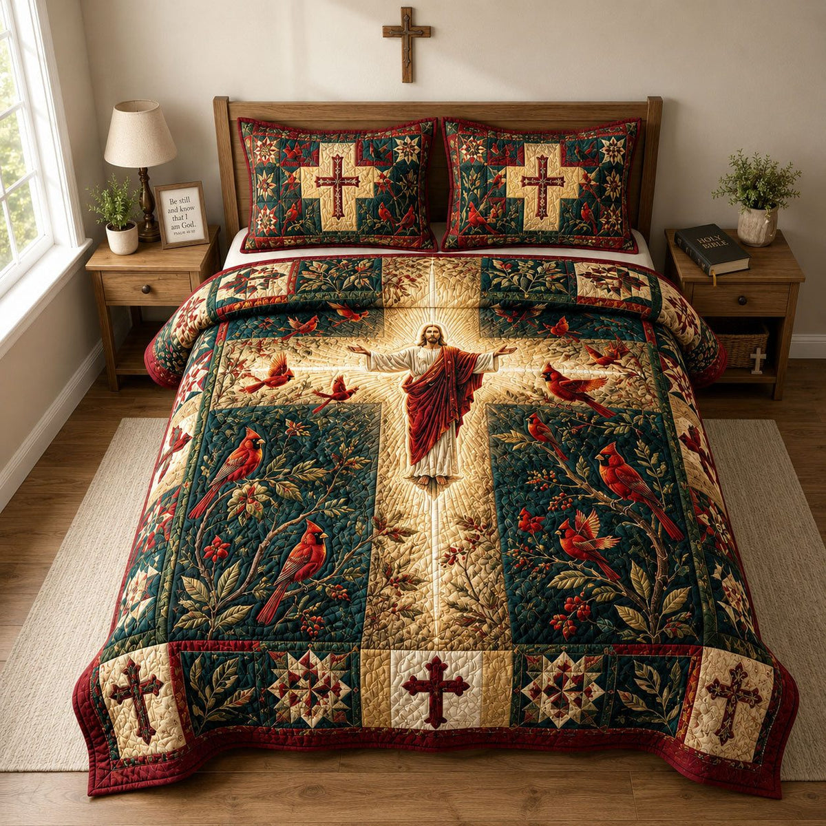 Jesus Cardinal Cross quilted 3-piece bedding set on a made bed in a softly lit bedroom