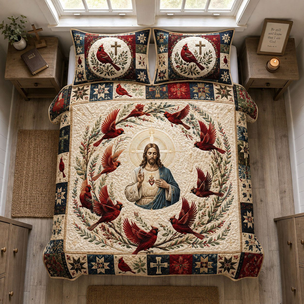 Jesus Cardinal Wreath quilted 3-piece bedding set on a made bed in a winter-styled bedroom