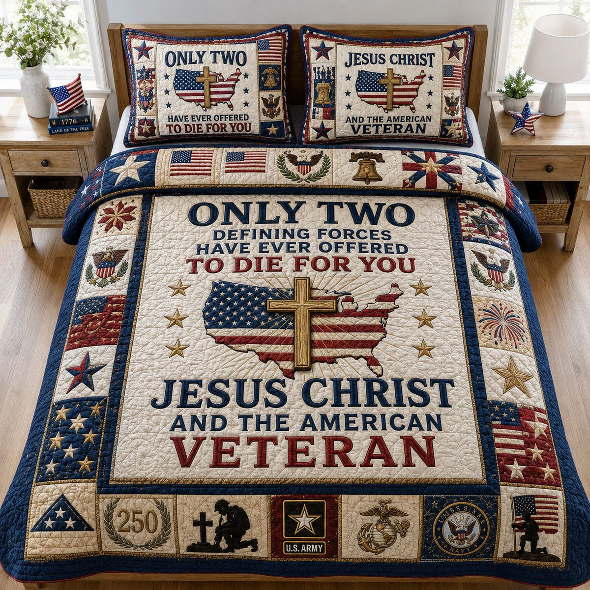 Jesus Christ and Veteran quilted 3-piece bedding set on a made bed in a warmly lit bedroom