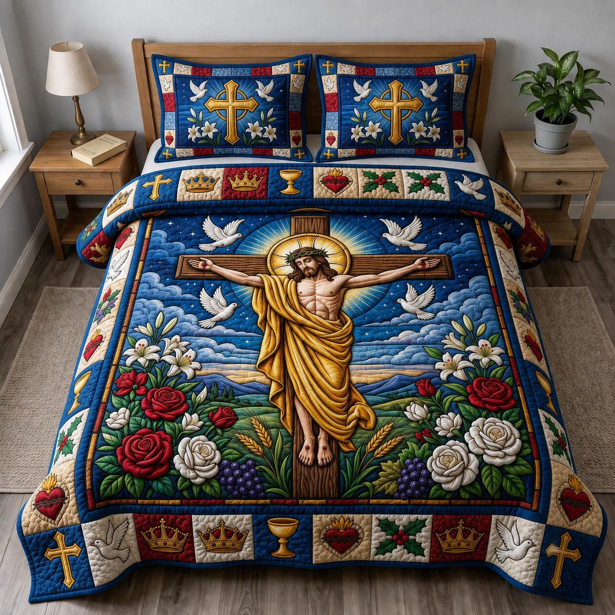 Jesus Christ quilted 3-piece bedding set on a made bed in a softly lit bedroom