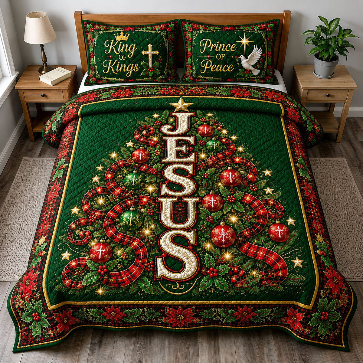 Jesus Christmas Tree quilted 3-piece bedding set on a made bed in a winter-styled bedroom