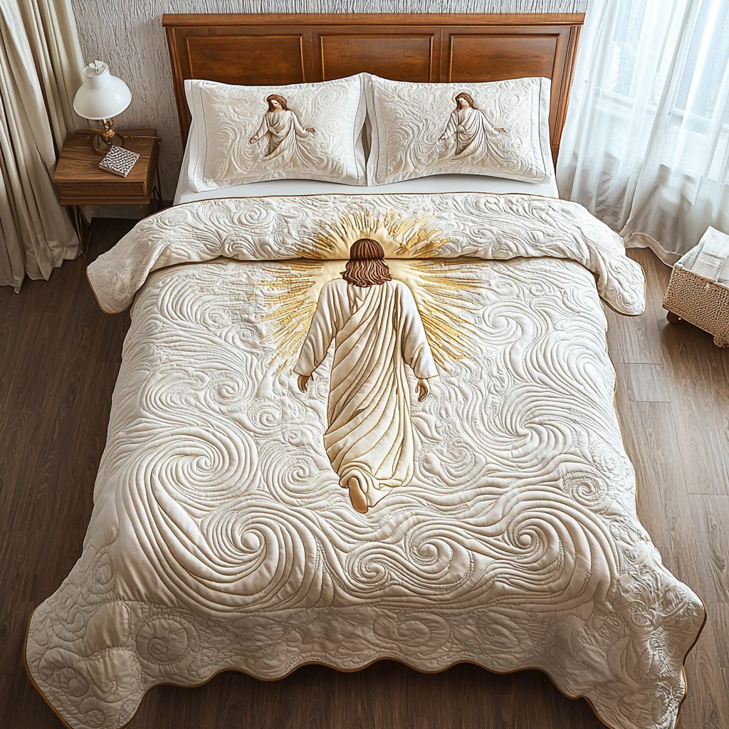 Jesus Holding Light quilted 3-piece bedding set on a made bed in a softly lit bedroom