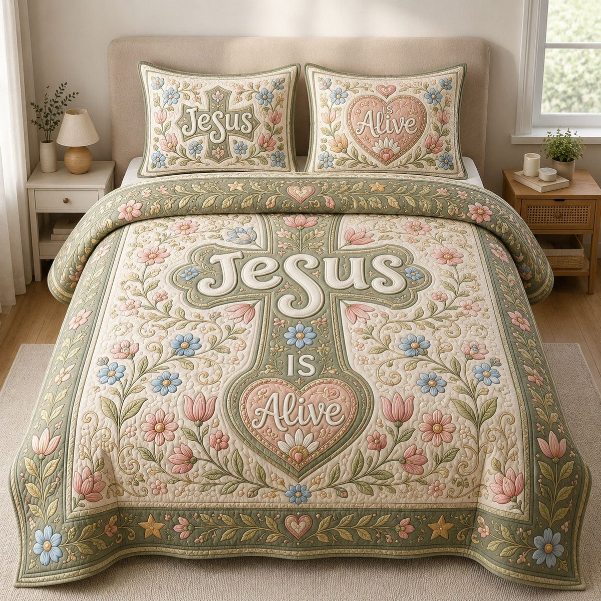Jesus Is Alive quilted 3-piece bedding set on a made bed in a softly lit bedroom