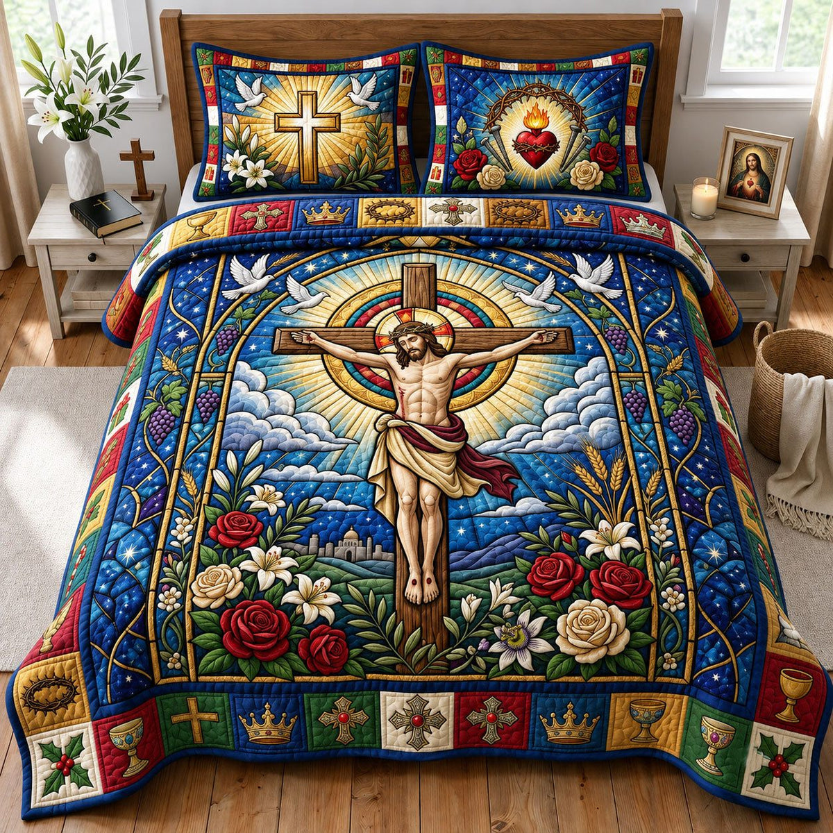 Jesus on the Cross quilted 3-piece bedding set on a made bed in a softly lit bedroom