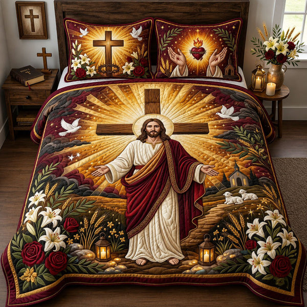 Jesus quilted 3-piece bedding set on a made bed in a softly lit bedroom