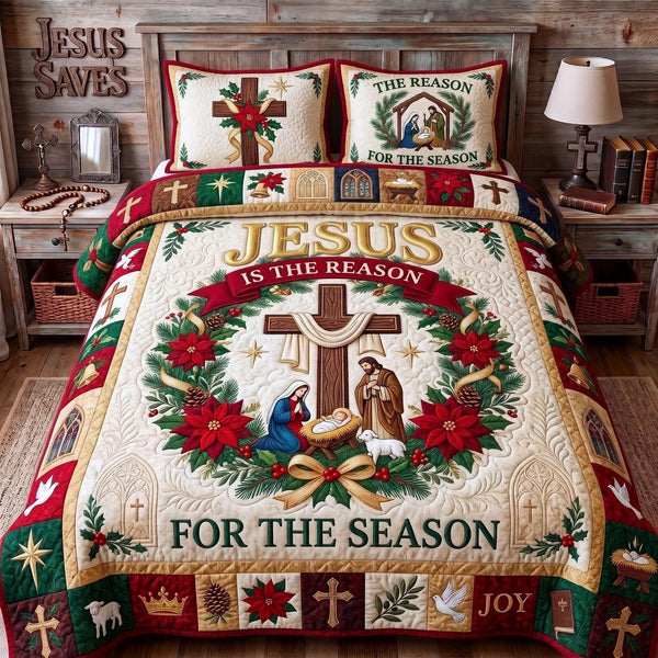 Jesus Reason quilted 3-piece bedding set on a made bed in a softly lit bedroom