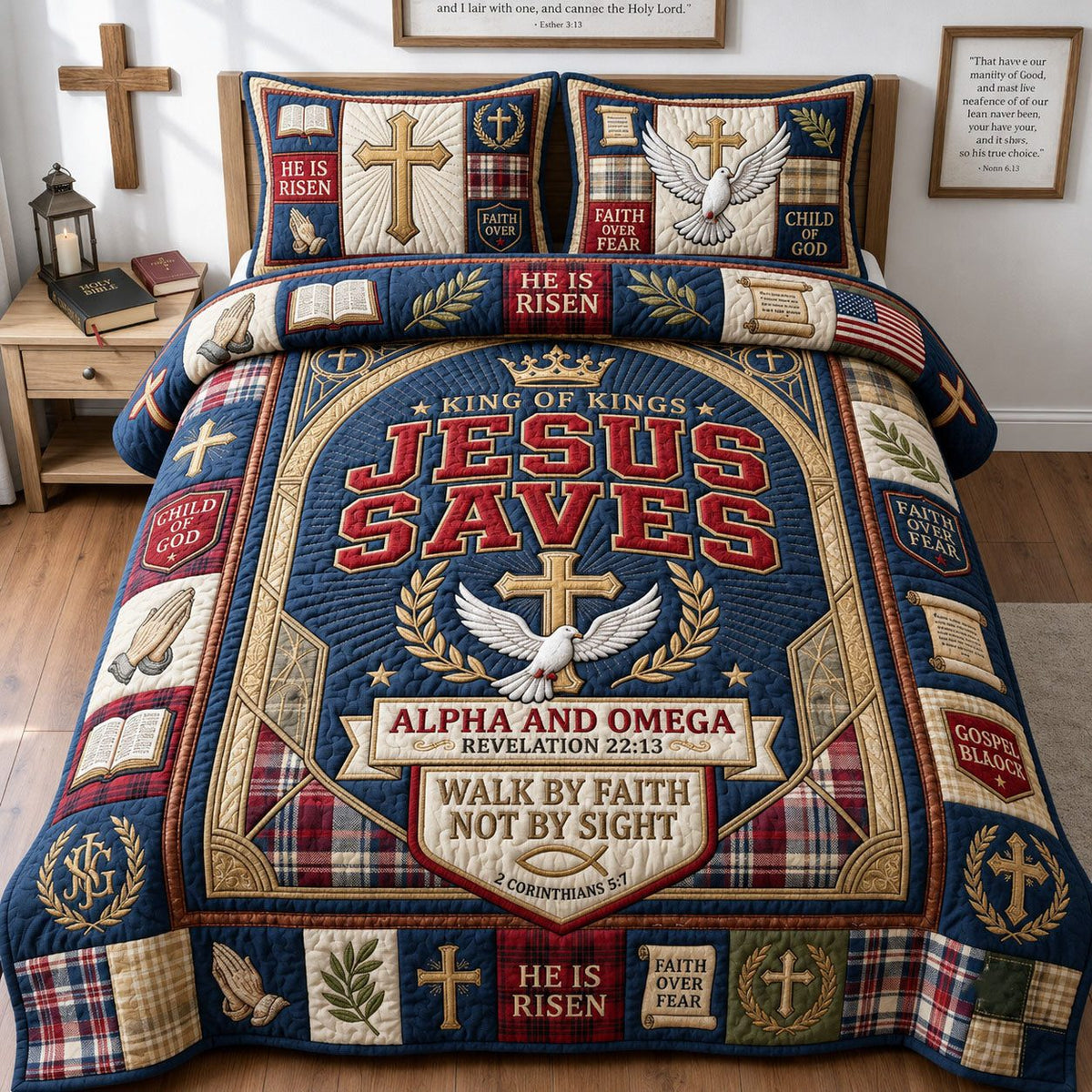 Jesus Saves quilted 3-piece bedding set on a made bed in a softly lit bedroom