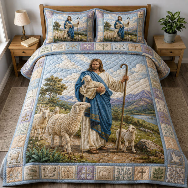 Jesus The Shepherd quilted 3-piece bedding set on a made bed in a softly lit bedroom