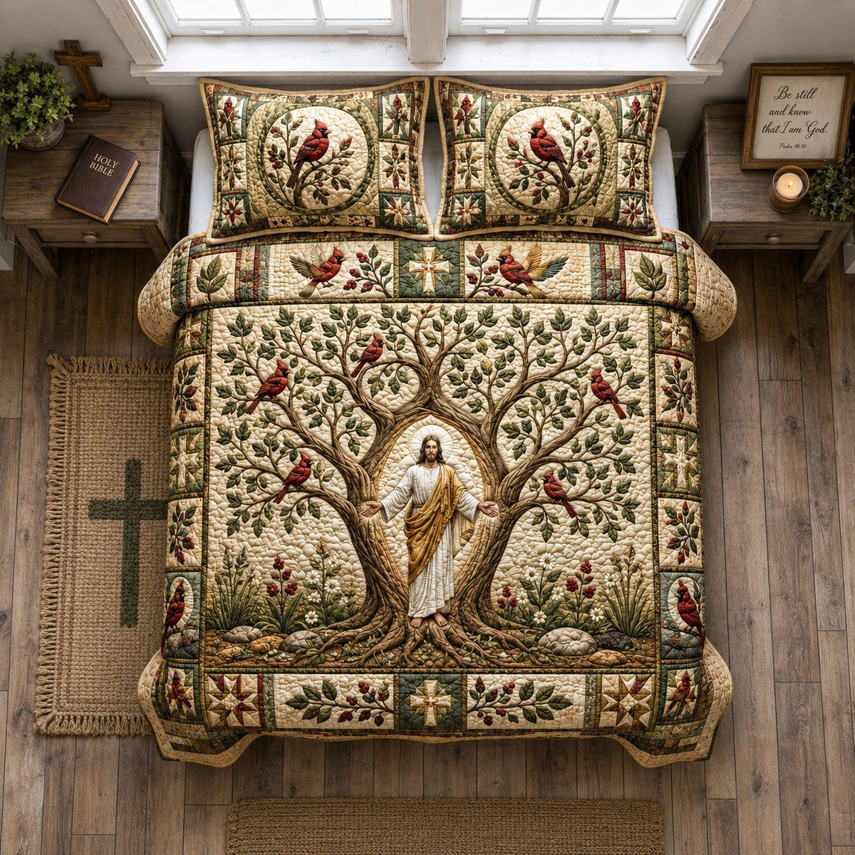 Jesus Tree of Life quilted 3-piece bedding set on a made bed in a softly lit bedroom