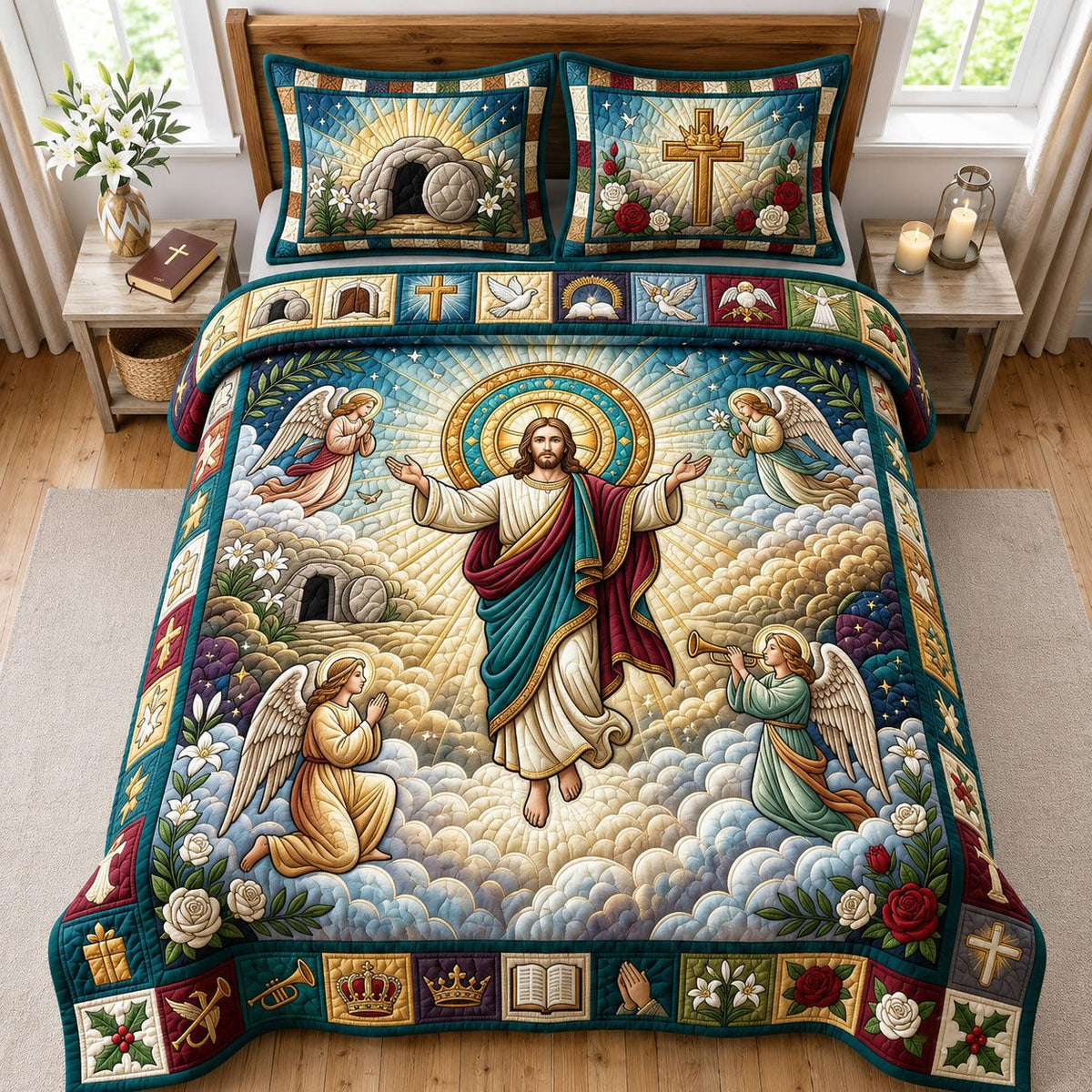Jesus with Angels quilted 3-piece bedding set on a made bed in a softly lit bedroom