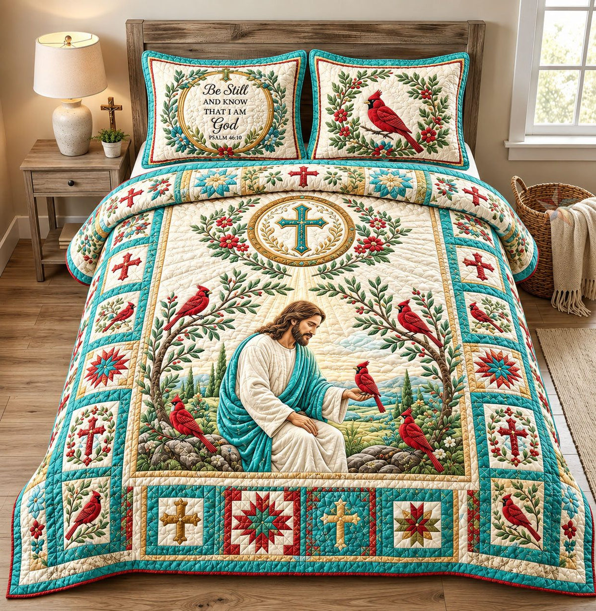 Jesus with Cardinals quilted 3-piece bedding set on a made bed in a softly lit bedroom