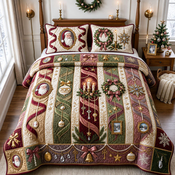 Jeweled Christmas quilted 3-piece bedding set on a made bed in a winter-styled bedroom