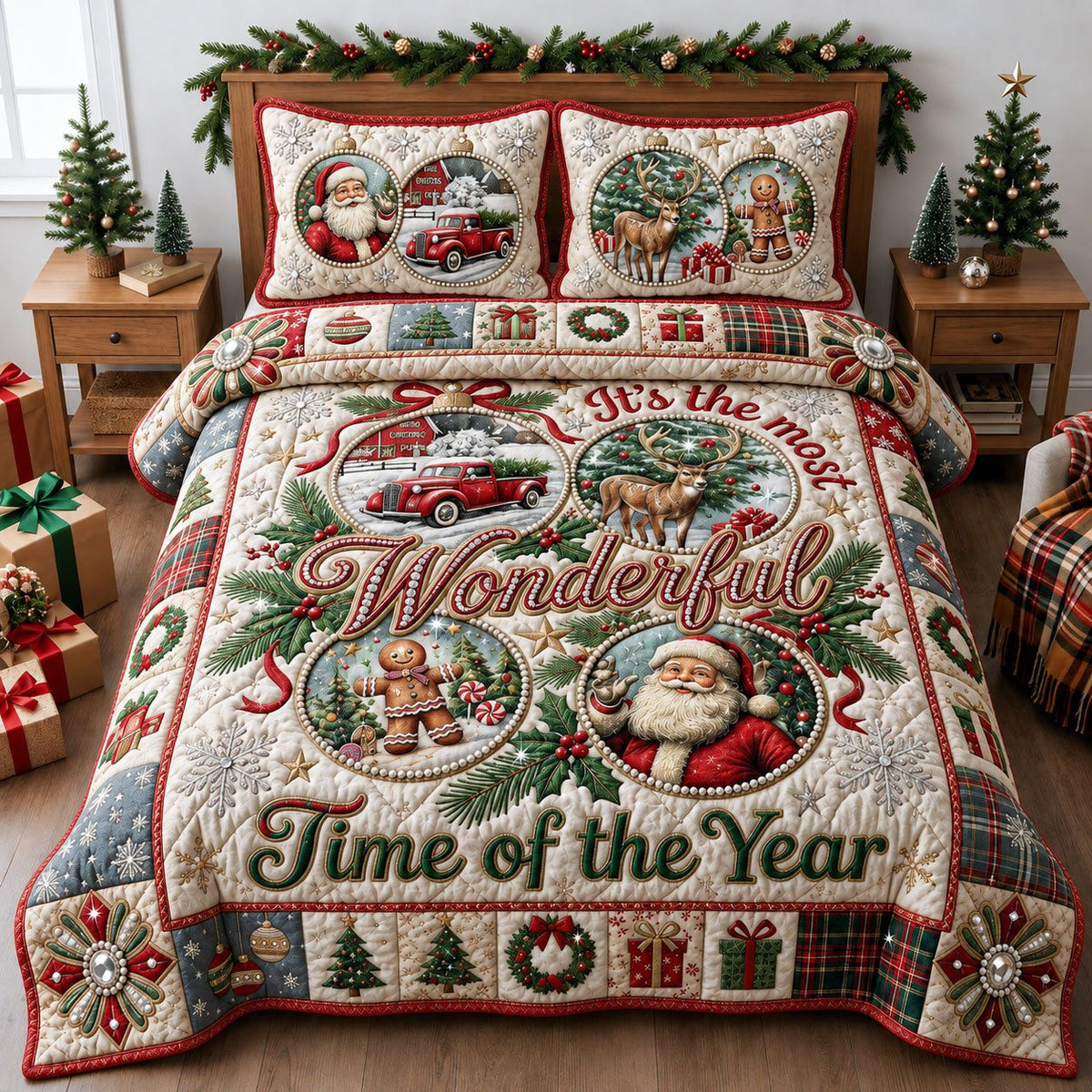 Jeweled Christmas quilted 3-piece bedding set on a made bed in a winter-styled bedroom