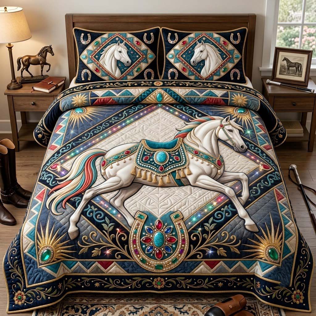Jeweled Folk Stallion quilted 3-piece bedding set on a made bed in a rustic timber bedroom
