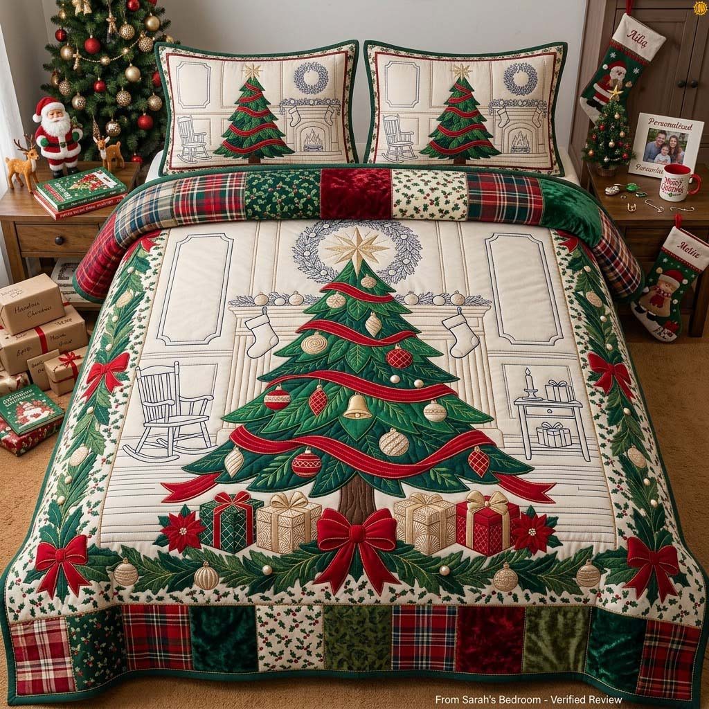 Jeweled Ribbon Fireplace Tree quilted 3-piece bedding set on a made bed with two matching pillow shams