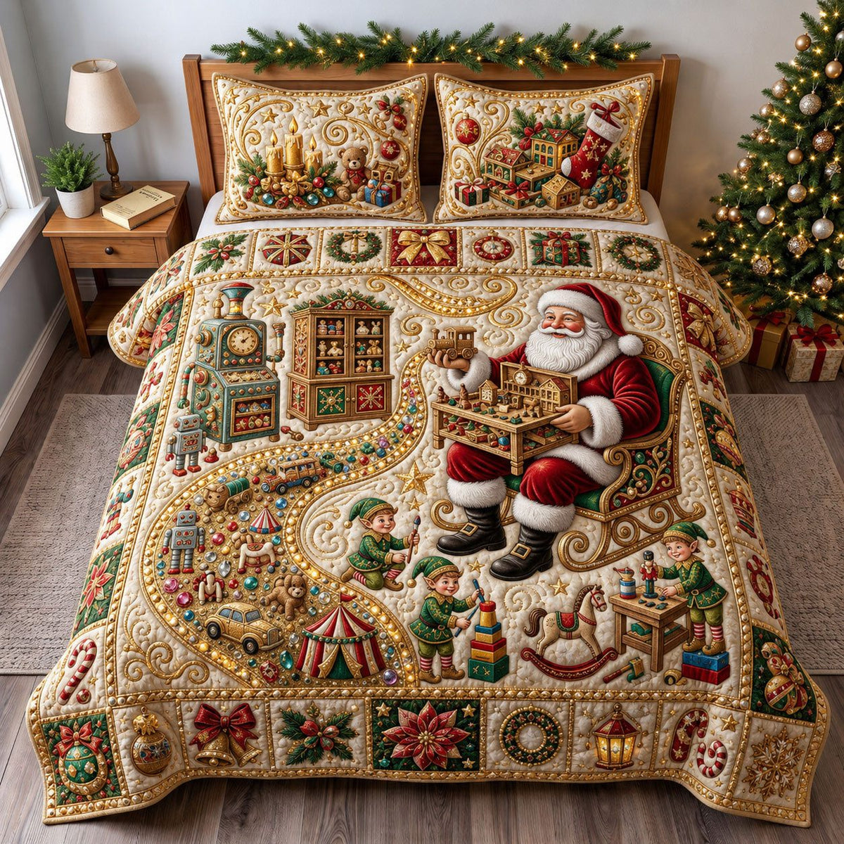 Jeweled Santa Toys quilted 3-piece bedding set on a made bed in a winter-styled bedroom