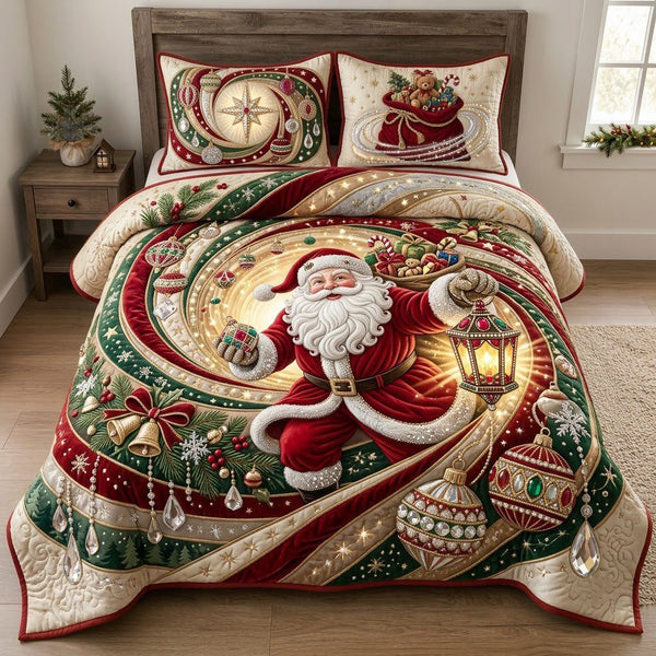 Jeweled Santa Votex quilted 3-piece bedding set on a made bed in a winter-styled bedroom