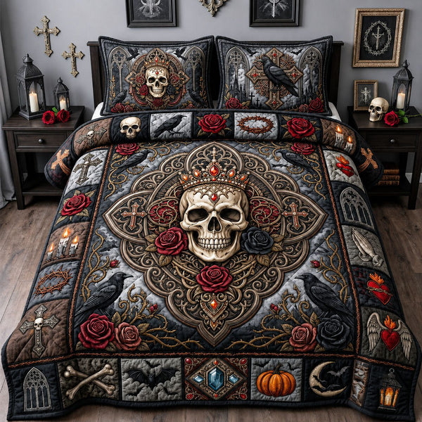 Jeweled Skull quilted 3-piece bedding set on a made bed against a dark styled interior